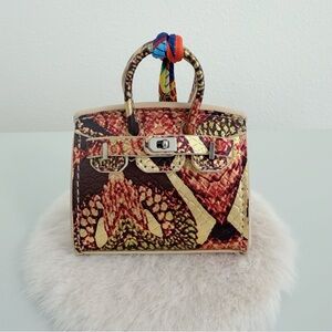 Mini Leather Bag Charm Gold Baroque Pattern Top Handle